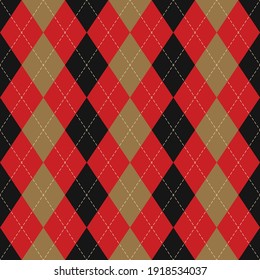 Argyle Pattern Design In Black, Red, Gold Brown. Traditional Geometric Stitched Vector Argyll Dark Background For Gift Wrapping, Socks, Sweater, Jumper, Or Other Autumn Winter Fashion Textile Print.