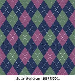 Argyle pattern design in blue, pink, green. Traditional geometric stitched argyll dark background for gift wrapping, socks, sweater, jumper, or other modern spring autumn winter fashion textile print.