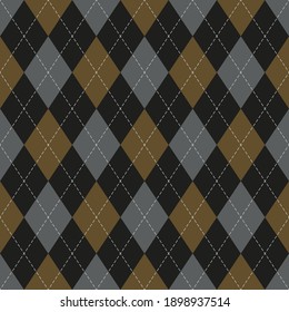 Argyle pattern geometric design in black, grey, brown. Traditional vector argyll background for gift wrapping, socks, sweater, jumper, or other modern autumn winter classic fashion textile.
