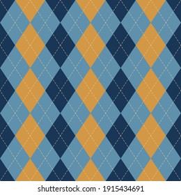 Argyle Pattern Geometric Design In Blue And Yellow. Traditional Vector Argyll Background For Gift Wrapping, Socks, Sweater, Jumper, Or Other Modern Spring Autumn Winter Classic Fashion Textile.