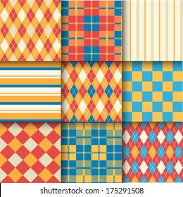 Argyle Pattern. Golf seamless pattern with blue, red and yellow color. Vector illustration. Pattern Swatches made with Global Colors - quick, simple editing of color