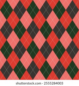 Argyle pattern green and red of geometric rhombus. Harlequin design. Classic diamond shaped textile material for gift wrapping paper, socks, sweater, jumper, other modern textile or paper design.