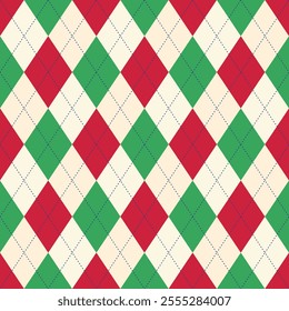 Argyle pattern green and red of geometric rhombus. Harlequin design. Classic diamond shaped textile material for gift wrapping paper, socks, sweater, jumper, other modern textile or paper design.