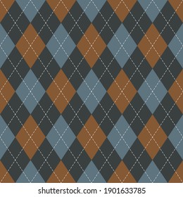 Argyle pattern in grey, blue, brown. Traditional geometric vector argyll dark background for gift wrapping, socks, sweater, jumper, or other modern autumn winter classic fashion textile print.