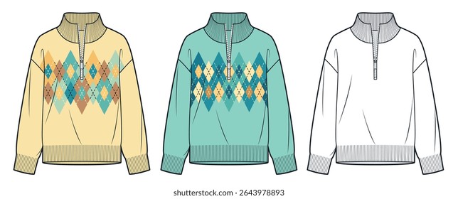 Argyle Pattern Half Zip Sweater technical fashion illustration. Pullover fashion flat technical drawing template, relaxed fit, front view, white, yellow, mint green, women, men, unisex CAD mockup.