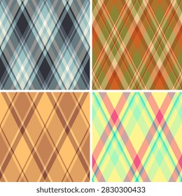 Argyle pattern pack tailored for female wardrobe design. Coordinated diamonds patterns fit blouses, dreses, and accesories. Seamles vector repetition aligns perfectly.