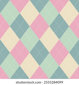 Argyle pattern of pastel geometric rhombus. Harlequin design. Classic diamond shaped textile material for gift wrapping paper, socks, sweater, jumper, other modern textile or paper design.