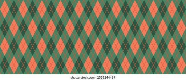 Argyle pattern in Red and Green. Seamless geometric vector illustration for Christmas background, gift card, wrapping paper, wallpaper, jumper, socks, scarf, modern fashion textile