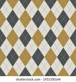 Argyle Pattern Seamless Autumn In Grey, Gold, Off White. Classic Stitched Vector Argyll Dark Background Art For Gift Wrapping Paper, Socks, Sweater, Jumper, Or Other Trendy Fashion Textile Print.