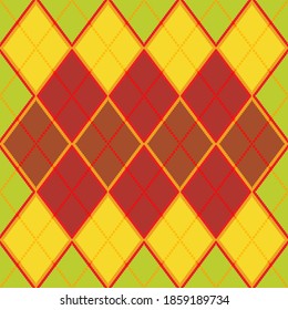 Argyle pattern seamless composed of diamonds of various colors on a plain background, used in knitted garments such as sweaters and socks. Fabric texture background. Vector.