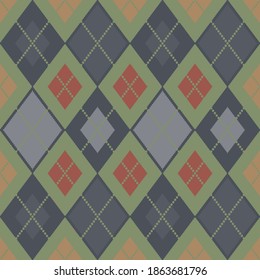 Argyle pattern seamless composed of diamonds of various colors on a plain background, used in knitted garments such as sweaters and socks. Fabric texture background. Vector.