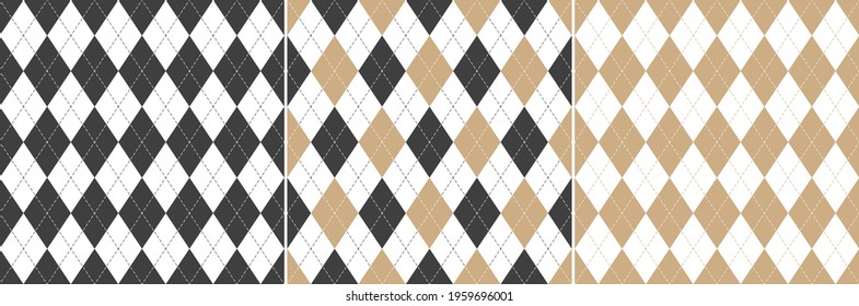 Argyle pattern seamless in grey, beige, white. Vector geometric stitched argyll background graphic set for spring gift paper, socks, sweater, jumper, other fashion everyday textile design.