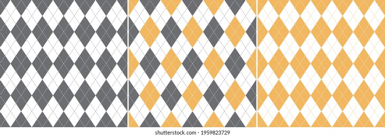 Argyle pattern seamless in grey, yellow, white. Vector geometric stitched argyll dark background graphic set for spring gift paper, socks, sweater, jumper, other fashion everyday fabric design.
