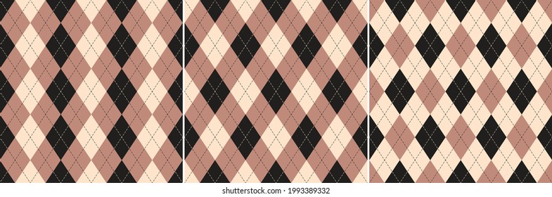 Argyle pattern seamless set in black, beige, pink. Stitched classic geometric spring autumn vector neutral background for gift paper, sweater, jumper, socks, other modern fashion fabric design.