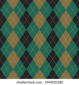 Argyle pattern seamless vector in black, gold, green. Geometric stitched graphic for spring autumn winter gift paper, socks, sweater, jumper, other modern fashion textile or paper design.