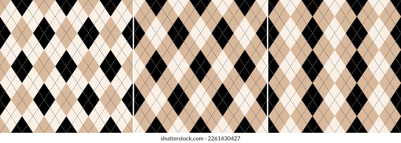 Argyle pattern set in beige and black. Seamless geometric vector collection for gift card, gift paper, jumper, socks, scarf, other modern spring summer autumn winter fashion textile or paper print.