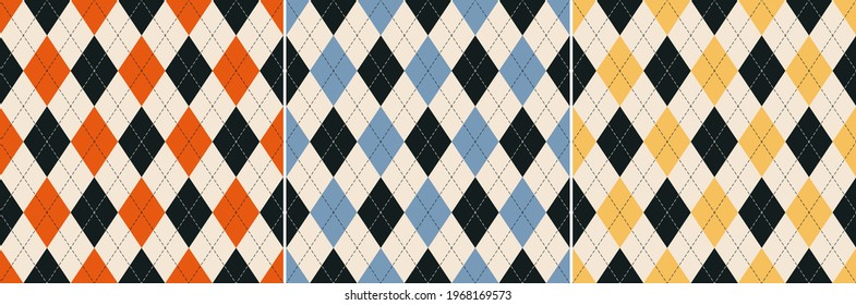 Argyle pattern set in black, blue, orange, yellow, beige. Seamless geometric stitched vector backgrounds for wallpaper, socks, sweater, gift paper, other modern spring autumn fashion textile design.