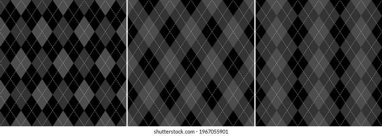 Argyle pattern set in black and dark grey. Seamless diamond rhombus check stitched background graphic vector for socks, wallpaper, jumper, sweater, other modern spring autumn fashion textile or paper.