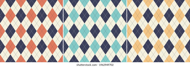 Argyle pattern set in blue, orange, turquoise, yellow, off white. Seamless geometric vector graphics for wallpaper, socks, sweater, gift paper, other modern spring autumn fashion textile print.