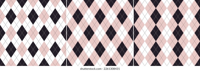 Argyle pattern for Valentines Day in powder pink, black, white. Seamless geometric vector set for gift card, gift paper, jumper, other modern spring autumn winter fashion textile or paper print.