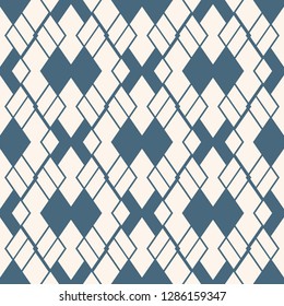Argyle pattern. Vector abstract geometric seamless ornament. Soft blue and beige texture with rhombuses, diamonds, rectangles, grid, mesh, lattice. Simple minimal background. Elegant repeated design
