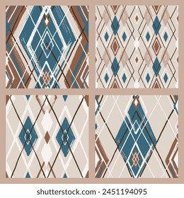 Argyle patterns from brush strokes. Set of vector diamond backgrounds. Seamless irregular ornaments. Traditional painted fabric prints. Grandpacore motif. Brown and blue patterns collection