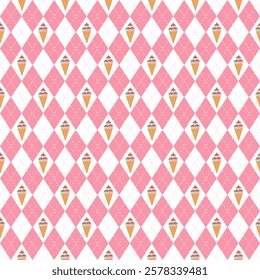 Argyle Pinky with cute of Icecream. Seamless pattern. Vector.