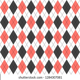Argyle plaid. Living Coral argyle. Scottish pattern in white, grey and red rhombuses. Scottish cage. Traditional scottish background of diamonds. Seamless fabric texture. Vector illustration
