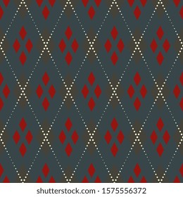 Argyle plaid pattern foggy green grey ardent red diamonds golden dot lines motif. Simple geometric all over print block for textile fabric, interior decoration, decoupage paper, packaging bag