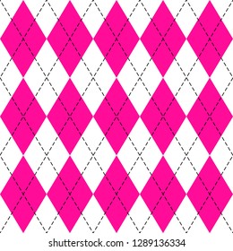 Argyle plaid. Plastic pink argyle. Scottish pattern in white and pink rhombuses. Scottish cage. Traditional scottish background of diamonds. Seamless fabric texture. Vector illustration