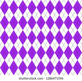 Argyle plaid. Proton purple argyle. Scottish pattern in white and purple rhombuses. Scottish cage. Traditional scottish background of diamonds. Seamless fabric texture. Vector illustration
