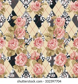 Argyle plaid with roses, vector seamless pattern in custom colors