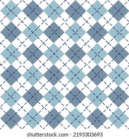 Argyle plaid. Scottish pattern in Blue and white rhombuses. Scottish cage. Traditional Scottish background of diamonds. Seamless fabric texture. Vector illustration
