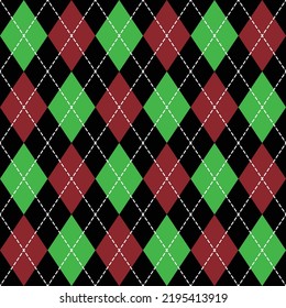 Argyle plaid seamless pattern sweater vest green and red color stripes black background , Plaid decorection Vector illustration .