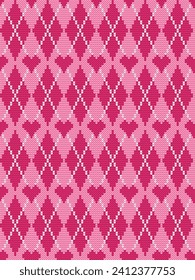 Argyle print with hearts. Seamless knitted pattern with rhombuses. Checkered background in pink and white colors. Valentine's Day background. Vector illustration