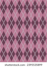Argyle print in pink and white colors. Seamless knitted pattern with rhombuses. Checkered background. Vector illustration