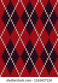 Argyle print. Seamless knitted pattern with rhombuses. Checkered background in red, black and white colors. Vector illustration