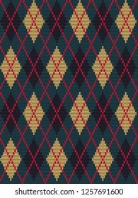 Argyle print. Seamless knitted pattern with yellow and black rhombuses on a dark green background. Checkered background. Vector illustration
