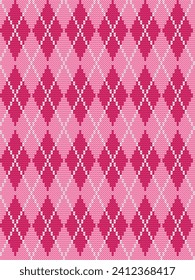 Argyle print. Seamless knitted pattern with rhombuses. Checkered background in pink and white colors. Vector illustration