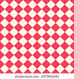 Argyle red and white diamond backgrounds. Checkered lozenge seamless pattern. Diagonal plaid textures. Set rhombus prints. Modern geometric backdrop. Vector illustration.