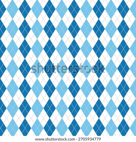 Argyle rhombus seamless pattern. Christmas plaid texture with silver line. Blue geometric diamond abstract pattern. Mans and boys design wrapping bg. Vector illustration isolated on white background.