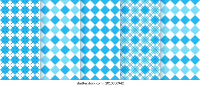 Argyle seamless pattern. Checkered lozenge diamond backgrounds. Vector illustration. Bavarian Oktoberfest textures. Set blue rhombus plaid prints. Modern geometric backdrop.