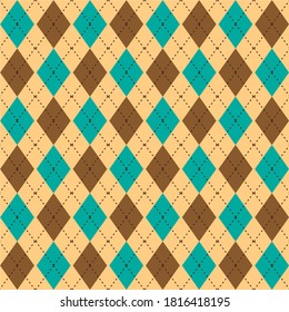 Argyle seamless pattern in classic colors: brown, turquoise. Fabric texture background with rhombuses, staggered. Argyle vector classic ornament. Stylish texture for design, pattern fabric, wallpaper