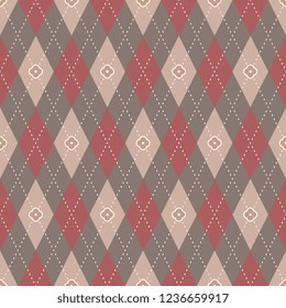 Argyle seamless pattern. Grey brown, red and beige tartan plaid design. Printing block for interior textile, wallpaper, fabric cloth. Minimal geometric vector ornament. Simple diamond allover motif.