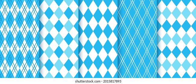 Argyle seamless pattern. Lozenge blue diamond backgrounds. Vector illustration. Set rhombus plaid prints. Bavarian Oktoberfest textures. Modern geometric backdrops.