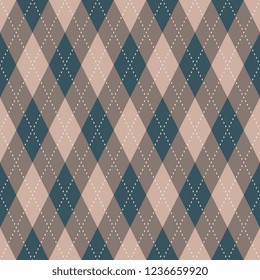 Argyle seamless pattern. Retro grey brown, blue and beige tartan plaid design. Print block for apparel textile, garment, fabric cloth. Minimal geometric vector ornament. Simple diamond allover motif.