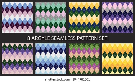 Argyle seamless pattern set. Textile colorful backgrounds. For print and web. Vector illustration.