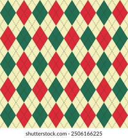 Argyle seamless pattern.Christmas repeat pattern.Vector graphic background in red green beige.