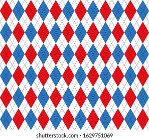 Argyle seamless plaid pattern with Red , Blue and White colors. Print for cloth design, textile, fabric, wallpaper, wrapping, tile, packaging, background.