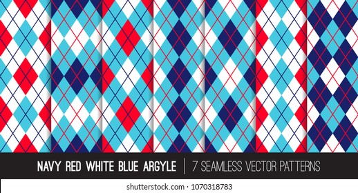 Argyle Seamless Vector Patterns in Navy, Red, White and Blue. Classic Golf Textile Prints. Patriotic Colors. 4th of July Independence Day Backgrounds. Pattern Tile Swatches Included.